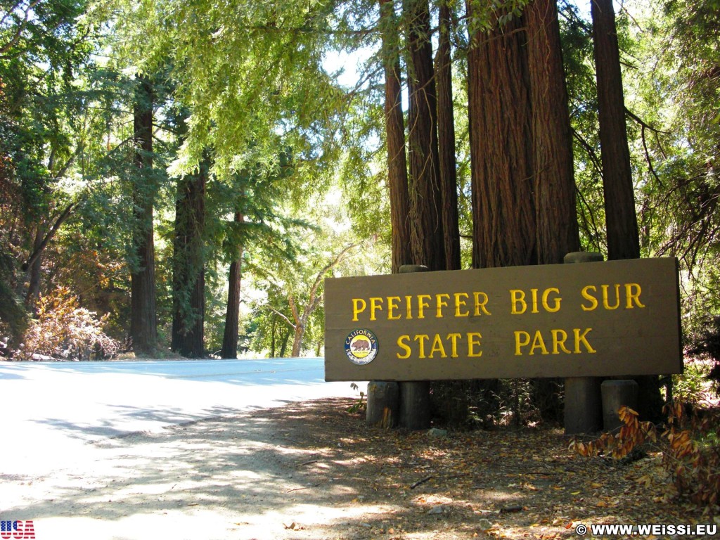 Highway 1 - California State Route 1. - Westküste, Schild, Big Sur, Tafel, Ankünder, Julia Pfeiffer Burns State Park, Highway 1, California State Route 1 - (Big Sur, California, Vereinigte Staaten)