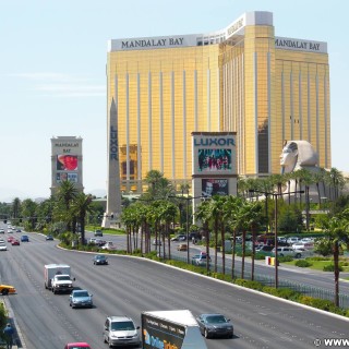 Las Vegas. - Gebäude, Strasse, Werbeschild, Werbeschrift, Las Vegas, Fassade, Autos, Mandalay Bay Resort, Werbeturm, Sphinx - (Bracken, Las Vegas, Nevada, Vereinigte Staaten)