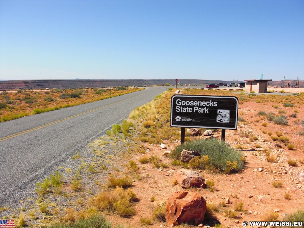 Goosenecks State Park. - Schild, Landschaft, Tafel, Einfahrtsschild, Aussichtspunkt, State Park, Goosenecks, Goosenecks State Park, Park, River, San Juan River - (Mexican Hat, Utah, Vereinigte Staaten)