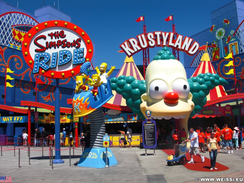 Universal Studios Hollywood. Krustyland - Universal Studios Hollywood. - Schild, Werbeschrift, Tafel, Schriftzug, Los Angeles, Universal Studios Hollywood, Krustyland, The Simpsons, Ride - (Universal City, California, Vereinigte Staaten)