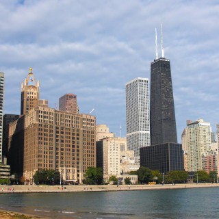 Skyline. vom Olive Park. - Gebäude, Skyline, Wolkenkratzer, John Hancock Center, Cityfront Place, Onterie Center, W Chicago - Lakeshore Hotel - (Cityfront Place, Chicago, Illinois, Vereinigte Staaten)