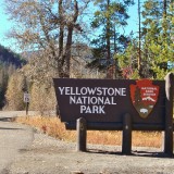 East Entrance Sign - Yellowstone-Nationalpark. - Strasse, Schild, Tafel, Ankünder, Einfahrtsschild, Osteingang, Einfahrt, Osteinfahrt - (Pahaska Tepee, Cody, Wyoming, Vereinigte Staaten)