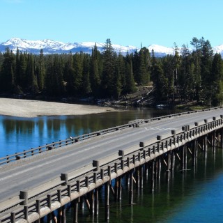 Yellowstone-Nationalpark. Fishing Bridge - Yellowstone-Nationalpark. - Brücke, Landschaft, Bäume, Fluss, Wasser, Ufer, Fishing Bridge, Brückenkonstruktion, Yellowstone River - (Lake, Yellowstone National Park, Wyoming, Vereinigte Staaten)
