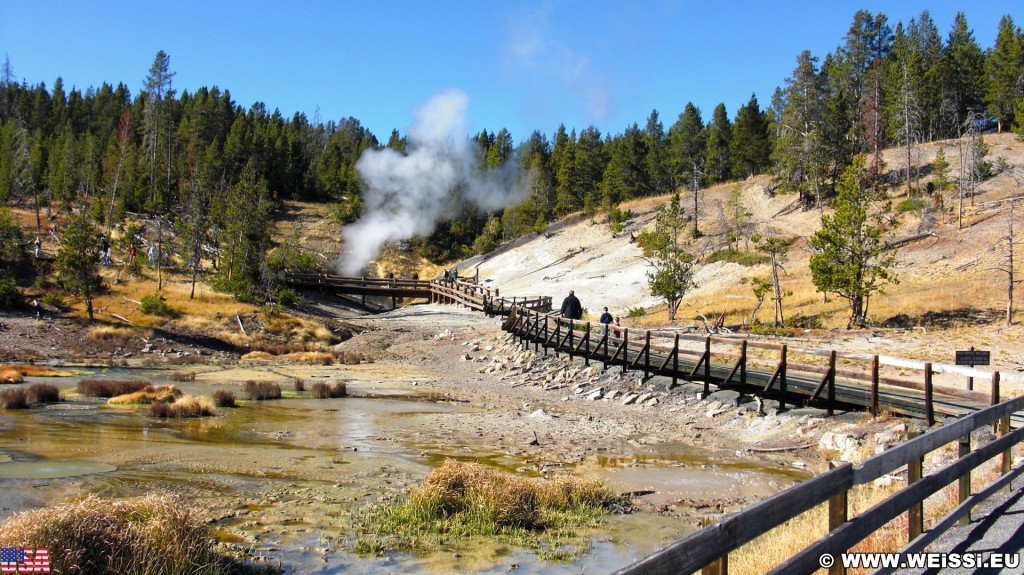 Yellowstone-Nationalpark. Mud Volcano Area - Dragons Mouth Spring - Yellowstone-Nationalpark. - Landschaft, Bäume, Exhalation, Wasserdampf, Dampfaustritt, Mud Volcano Area, Mud Volcano, Quelle, Dragons Mouth Spring, Holzsteg, Geländer, Holzgeländer - (Lake, Yellowstone National Park, Wyoming, Vereinigte Staaten)