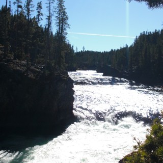 Yellowstone-Nationalpark. Upper Falls - Yellowstone-Nationalpark. - Bäume, Wasserfall, Wasserfälle, Wasser, Yellowstone River, Upper Falls, Upper Yellowstone Falls - (Canyon Village, Yellowstone National Park, Wyoming, Vereinigte Staaten)