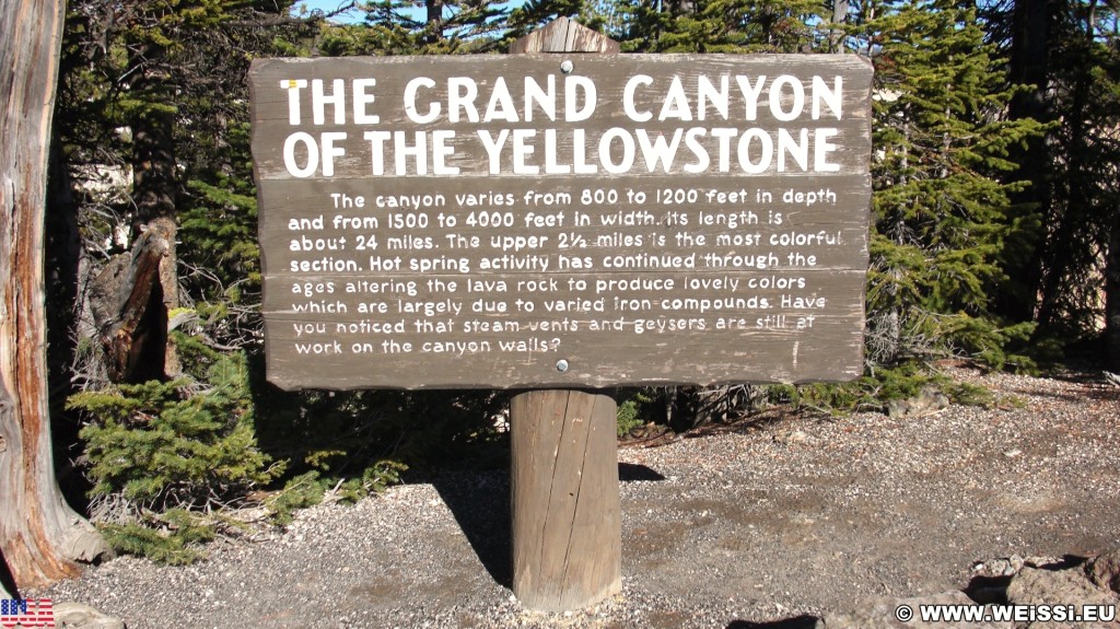 Yellowstone-Nationalpark. Grand Canyon of the Yellowstone-Nationalpark. - Schild, Tafel, Ankünder, Grand Canyon, Beschilderung, North Rim Drive, The Grand Canyon of the Yellowstone, Grand View - (Canyon Village, Yellowstone National Park, Wyoming, Vereinigte Staaten)