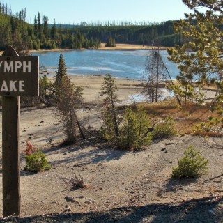 Yellowstone-Nationalpark. Nymph Lake - Yellowstone-Nationalpark. - Schild, Tafel, Ankünder, Bäume, See, Wasser, Ufer, Nymph Lake - (Canyon Junction, Yellowstone National Park, Wyoming, Vereinigte Staaten)