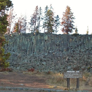 Yellowstone-Nationalpark. Basaltsäulen am Sheepeater Cliff - Yellowstone-Nationalpark. - Schild, Tafel, Ankünder, Bäume, Felswand, Basaltsäulen, Sheepeater Cliff - (Mammoth, Yellowstone National Park, Wyoming, Vereinigte Staaten)