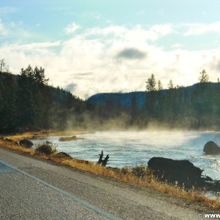 Yellowstone-Nationalpark. Westeinfahrt Yellowstone, Blick auf Madison River. - Fluss, Madison River, West Entrance - (Riverside, Moran, Wyoming, Vereinigte Staaten)