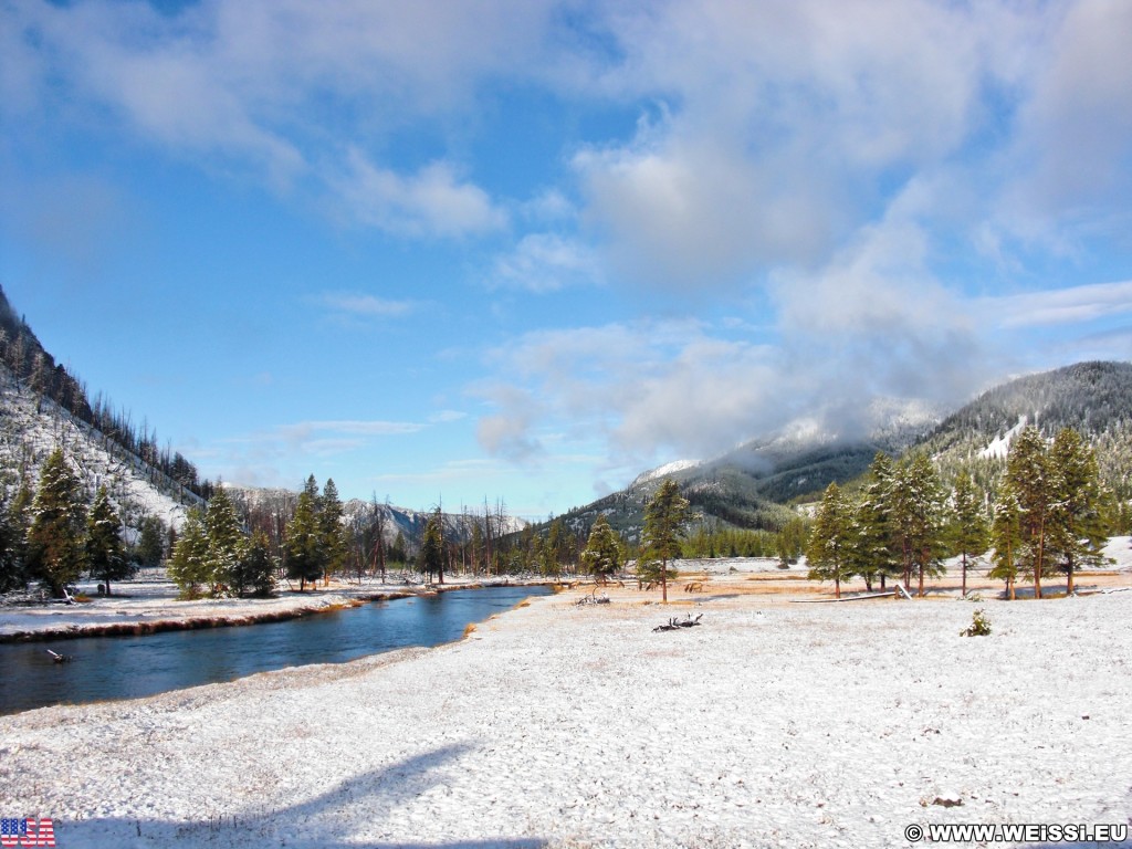 Yellowstone-Nationalpark. On the Road. - Landschaft, Bäume, Schnee, Madison River - (Riverside, Moran, Wyoming, Vereinigte Staaten)