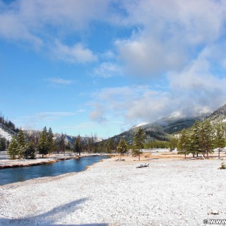 Yellowstone-Nationalpark. On the Road. - Landschaft, Bäume, Schnee, Madison River - (Riverside, Moran, Wyoming, Vereinigte Staaten)