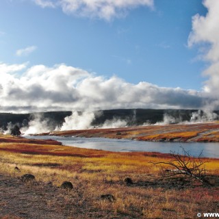 Yellowstone-Nationalpark. On the Road - Firehole River. - Landschaft, Fluss, Firehole River, Dampf - (West Thumb, Moran, Wyoming, Vereinigte Staaten)
