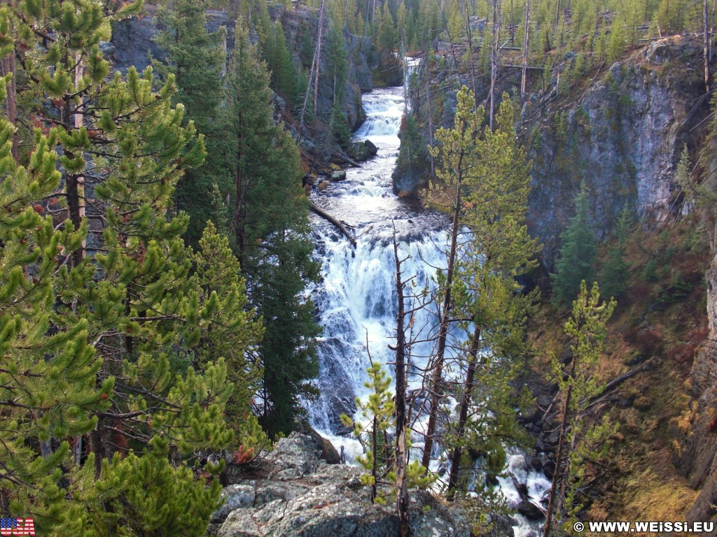 Yellowstone-Nationalpark. Kepler Cascades. - Bäume, Wasserfall, Wasser, Kepler Cascades - (West Thumb, Moran, Wyoming, Vereinigte Staaten)