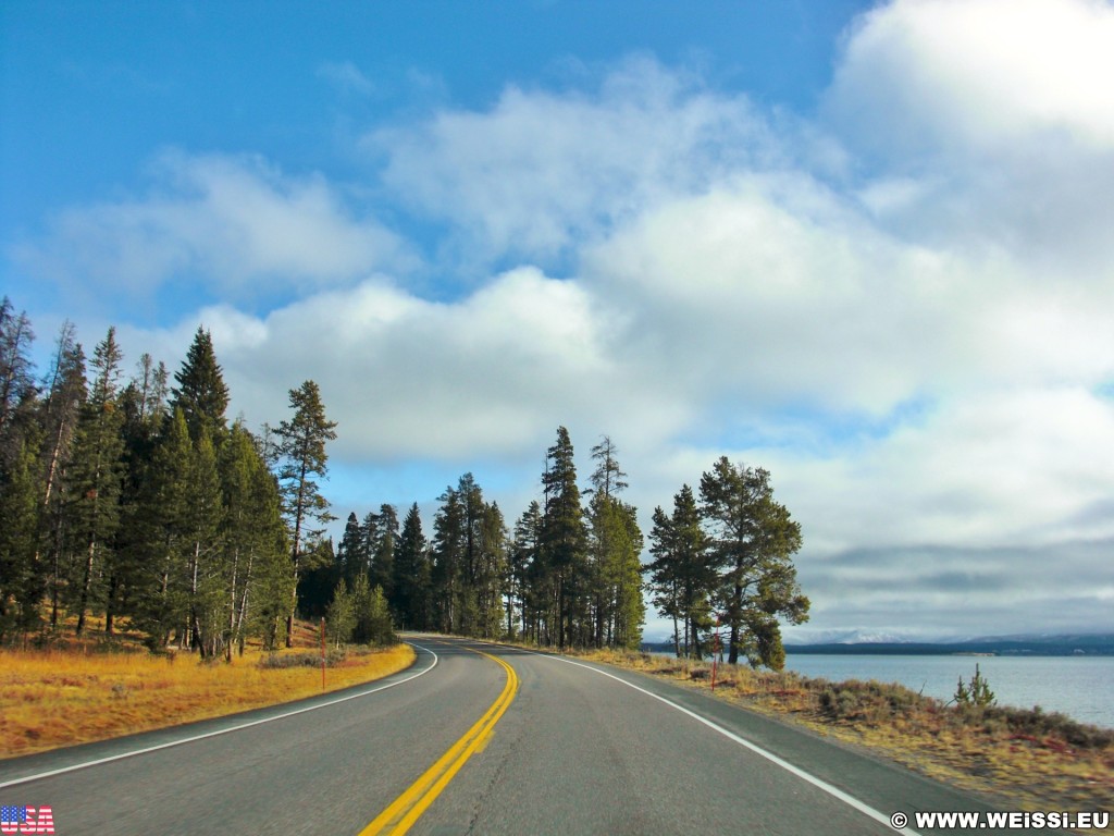 Yellowstone-Nationalpark. On the Road, Bridge Bay, Yellowstone Lake. - Bäume, Wasser, Yellowstone Lake, Bridge Bay, Grand Loop Road - (Lake, Yellowstone National Park, Wyoming, Vereinigte Staaten)