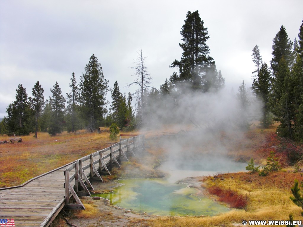 Yellowstone-Nationalpark. Seismograph und Bluebell Pool im West Thumb Geyser Basin. - West Thumb Geyser Basin, Bluebell Pool, Seismograph Pool - (West Thumb, Yellowstone National Park, Wyoming, Vereinigte Staaten)