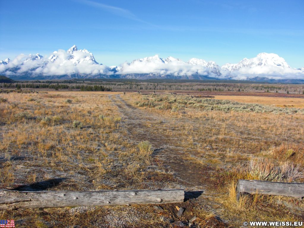 Grand-Teton-Nationalpark. Blick auch die Gebirkskette der Tetons. - Landschaft, Panorama, Baumstamm, Berg, Bergkette, Grand Teton, Grand-Teton-Nationalpark, Nationalpark, Gebirge, Gebirgskette, Holz - (Elk, Moose, Wyoming, Vereinigte Staaten)