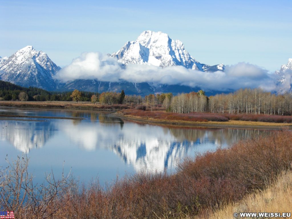 Grand-Teton-Nationalpark. Blick auf die Gebirgskette der Tetons. - Landschaft, Panorama, Berg, Bergkette, Mount Moran, Grand Teton, Grand-Teton-Nationalpark, Nationalpark, Gebirge, Gebirgskette, Oxbow Bend, Reflektion, Snake River - (Moran, Moose, Wyoming, Vereinigte Staaten)