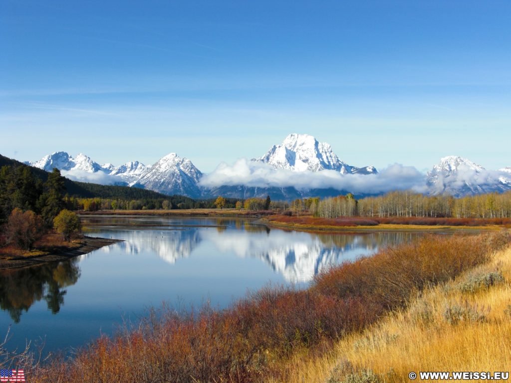 Grand-Teton-Nationalpark. Blick auf die Gebirgskette der Tetons. - Landschaft, Panorama, Berg, Bergkette, Mount Moran, Grand Teton, Grand-Teton-Nationalpark, Nationalpark, Gebirge, Gebirgskette, Oxbow Bend, Reflektion, Snake River - (Moran, Moose, Wyoming, Vereinigte Staaten)