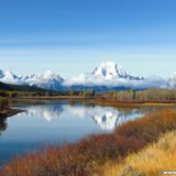 Grand-Teton-Nationalpark. Blick auf die Gebirgskette der Tetons. - Landschaft, Panorama, Berg, Bergkette, Mount Moran, Grand Teton, Grand-Teton-Nationalpark, Nationalpark, Gebirge, Gebirgskette, Oxbow Bend, Reflektion, Snake River - (Moran, Moose, Wyoming, Vereinigte Staaten)