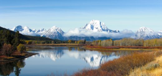 Grand-Teton-Nationalpark. Blick auf die Gebirgskette der Tetons. - Landschaft, Panorama, Berg, Bergkette, Mount Moran, Grand Teton, Grand-Teton-Nationalpark, Nationalpark, Gebirge, Gebirgskette, Oxbow Bend, Reflektion, Snake River - (Moran, Moose, Wyoming, Vereinigte Staaten)