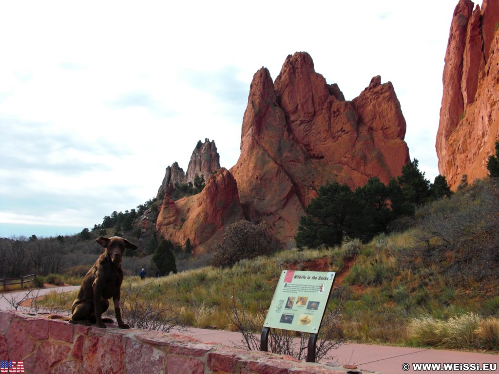 Garden of the Gods - Central Garden Trail. Am Central Garden Trail finden sich viele schöne Motive. Hier im Bild: Kindergarten- und South Gateway Rock. - Schild, Sehenswürdigkeit, Tafel, Tier, Tiere, Felsformation, Sandstein, Sandsteinformationen, Park, Weg, Hund, Felsformationen, Sandsteinformation, Ausflugsziel, Garten der Götter, Naturpark, sehenswert, Kindergarten Rock, South Gateway Rock, Central Garden Trail, Mauer - (Glen Eyrie, Colorado Springs, Colorado, Vereinigte Staaten)