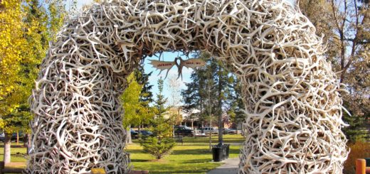 Jackson Hole. Antler Arches, Bögen aus Hirschgeweihen bilden den Eingang zum Town Square.. - Park, Elchgeweih, Antler Arches, Bögen, George Washington Memorial Park, Hirschgeweih, Town Square - (Jackson, Wyoming, Vereinigte Staaten)