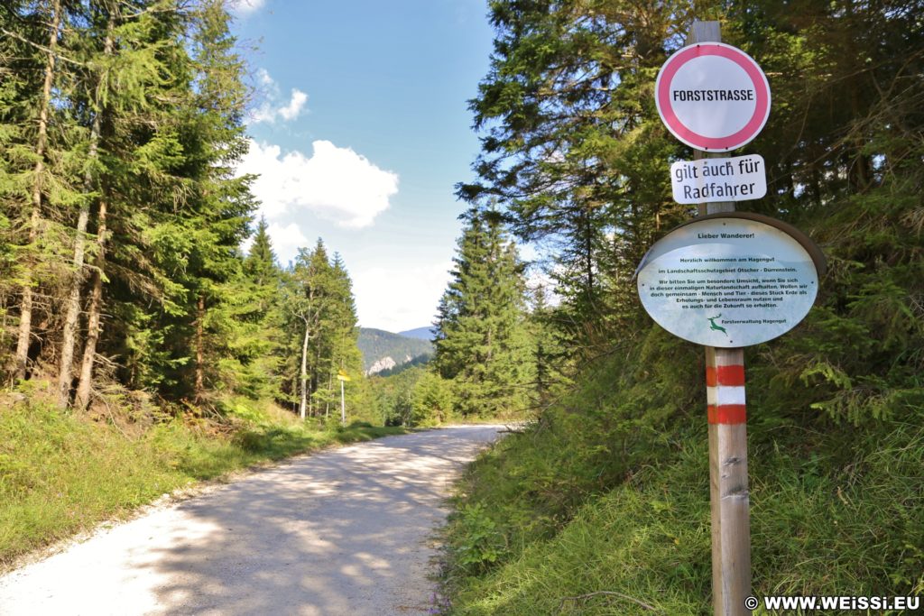 Ötschergräben - Hagengut. Entlang der Ötscherstraße/Forststraße, welche sich endlos lang dahin zieht, geht es vorbei am Hagengut über den Erlaufstausee zum Bahnhof Erlaufklause wo man die Himmelstreppe (Zug) besteigt um wieder zum Ausgangspunkt Wienerbruck zurückzukehren.. - Strasse, Schild, Tafel, Weg, Beschilderung, Ötschergräben, Ötscherstraße - (Hagen, Mitterbach-Seerotte, Niederösterreich, Österreich)