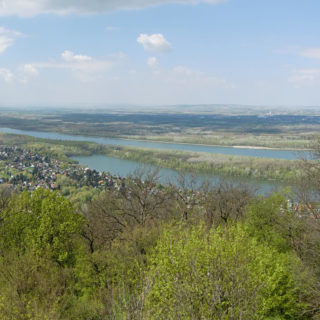 Ausblick von der Tempelbergwarte. Vom Aussichtsturm am Tempelberg bietet sich ein spektakulärer Ausblick auf das Tullnerfeld (Tullner Becken), die Burg Greifenstein, die Donau und das Kraftwerk Greifensten.. - Fluss, Wasser, Wasserkraftwerk, Wanderung Tempelbergwarte Burg Greifenstein, Donau, Donaukraftwerk, Kraftwerk Greifenstein - (Altenberg, Greifenstein, Niederösterreich, Österreich)