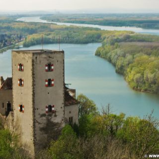 Burg Greifenstein. Die Burg Greifenstein liegt am südlichen Steilufer der Donau und diente früher der Überwachung des Donauknies bei der Wiener Pforte, dem Nordwesteingang Wiens. Die Grenze bildet der Bisamberg und Leopoldsberg.. - Gebäude, Fluss, Burg, Wasser, Wanderung Tempelbergwarte Burg Greifenstein, Donau, Burg Greifenstein, Höhenburg, Ritterburg, Donau-Altarm, Wiener Pforte - (Greifenstein, Niederösterreich, Österreich)